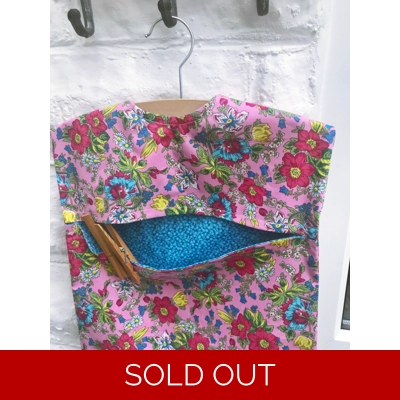 Lined Peg Bag in Pink Blue Floral Cotton Fabric, Laundry Cotton Peg Bag includes a Wood Hanger, hand